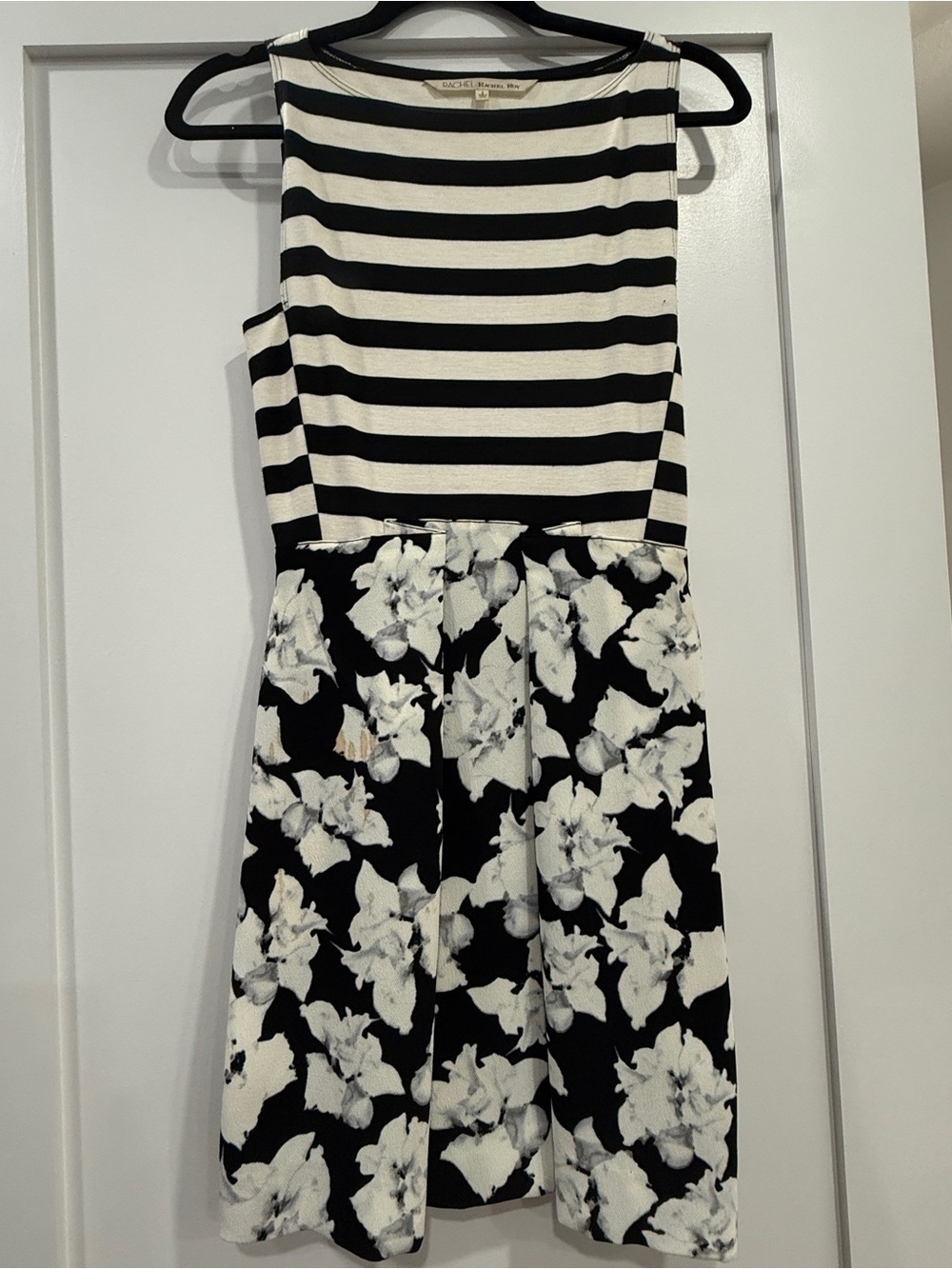 RACHEL Rachel Roy | Black & White Striped Floral Fit-and-Flare Dress
